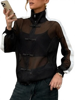 Striped Trim Loose Sheer Mandarin Sweatshirts