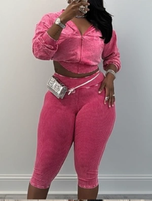 Distressed Zipper Hooded Capri Pants Sets