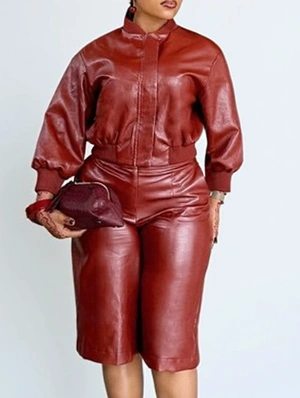 PU Zipper Cropped Jackets Knee Shorts Sets