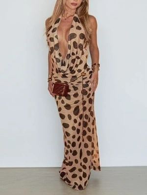 Dots Halter Deep V Neck Backless Maxi Dress