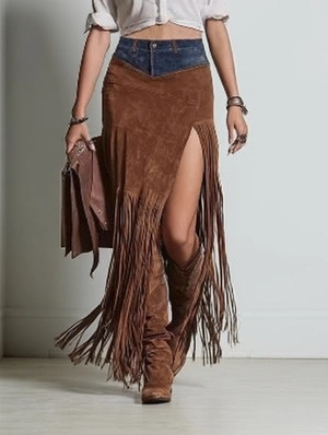 Suede Denim Patch Fringe High Rise Skirts