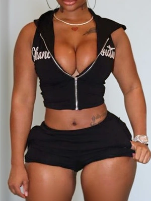 Letter Print Cropped Zipper Hooded Short Sets