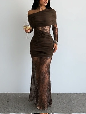 Lace Panel Inclined Backless Long Sleeve Dress