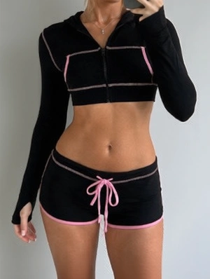 Lined Cropped Zipper Hooded Short Sets