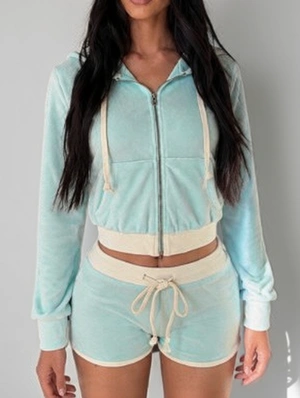 Velour Cropped Zipper Hooded Short Sets