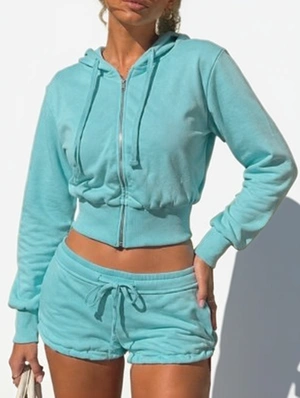 Plain Zipper Hooded Drawstring Short Sets