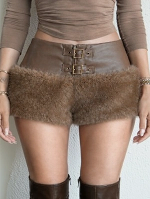Fur Trim Leather Belt Buckle Fluff Shorts