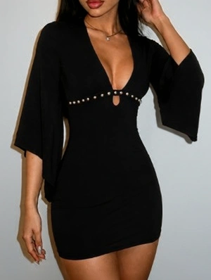 Rivet Batwing Sleeve V Neck Mini Dress