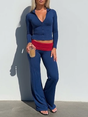 Fitted Zipper Coat Contrast Foldover Pant Sets