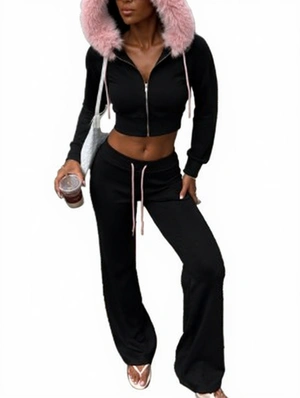 Contrast Fur Trim Zipper Hooded Pant Sets