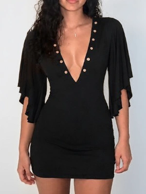 Eyelets Deep V Neck Frill Sleeve Mini Dress