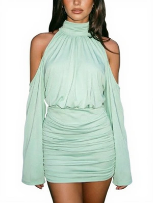 Plain Cold Shoulder Ruched Mini Dress