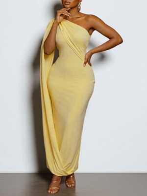 Ruched One Shoulder Ribbons Maxi Dress