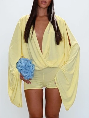 Ruched V Neck Backless Lace-Up Rompers