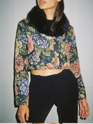 Fur Collar Vintage Floral Bare Waist Coats
