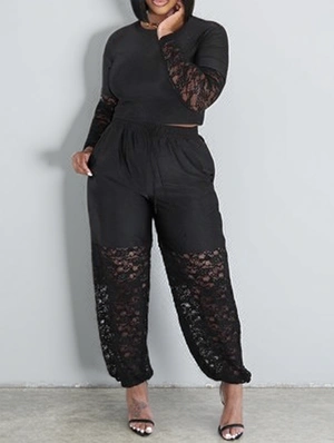 Lace Panel Sheer Cropped Ankle-tied Pant Sets