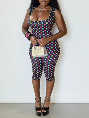 Rose Dots Backless Ruched Capri Rompers