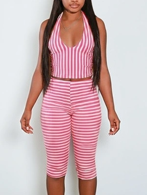Striped Halter Backless Cropped Short Sets