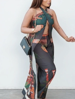 Wrap Halter Backless Loose Pant Sets