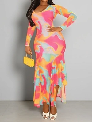 Colorblock Long Sleeve Fitted Maxi Dress