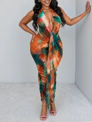 Ruched Halter V Neck Backless Maxi Dress