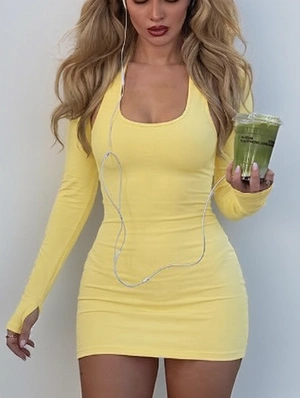 Plain Sheath Dress Long Sleeve Top 2-Piece Sets