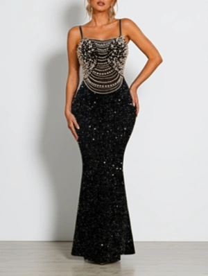 Luxury Sequin Faux Pearl Sleeveless Maxi Dress