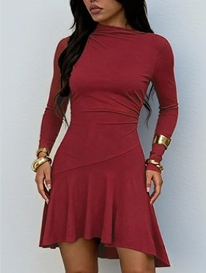 Mock Neck Long Sleeve Ruffle Mini Dress
