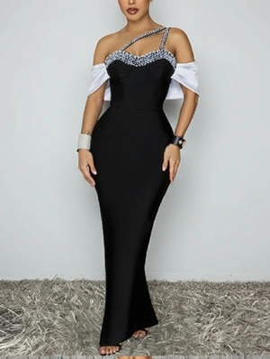 Faux Pearl One Shoulder Backless Maxi Dress