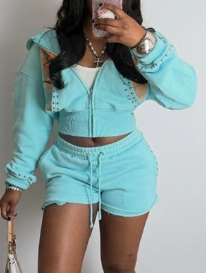 Vintage Rivet Zipper Hooded Short Sets