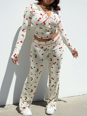 Cherry Letter Printed Zipper Hooded Pant Sets
