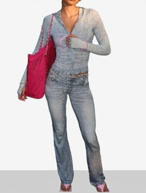 Imitation Denim Printed Bodycon Hooded Pant Sets