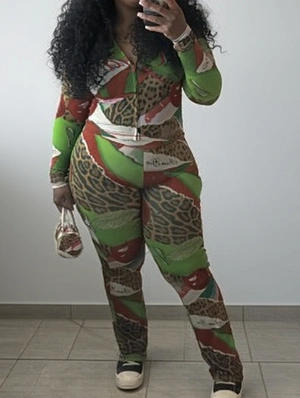 Leopard Cherry Zipper Hooded Pant Sets
