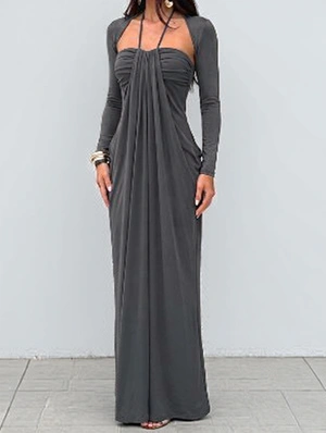 Pure Halter Ribbons Long Sleeve Dress