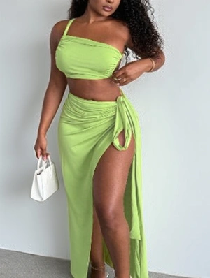 Ruched Split Hem Bandage Skirt Sets
