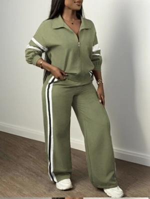 Striped Trim Zipper Sweatshirt Pant Sets