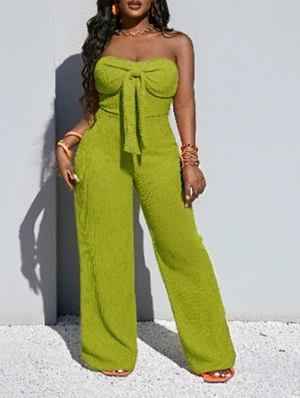 Bow Texture Strapless Wide Leg Jumpsuits
