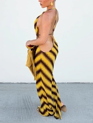 Colorblock Striped Halter Backless Maxi Dress