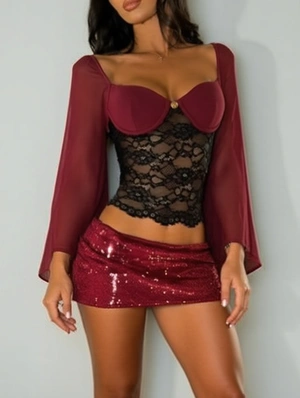 Lace Detail Square Neck Gauze T-shirts
