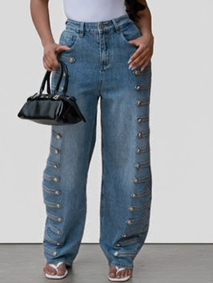 Metal Button Washed Denim Barrel Jeans
