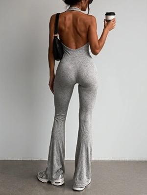 Solid Halter Backless Flare Leg Jumpsuits