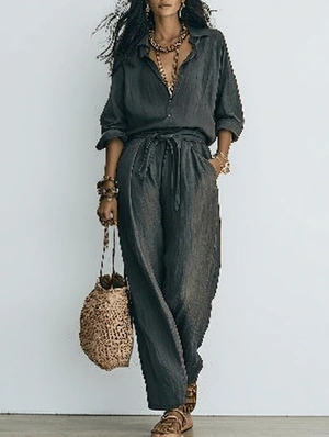 Long Sleeve Shirt And Loose Straight Pant Sets