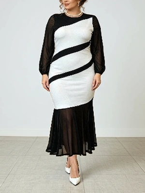 Elegant Contrast Color Mesh Long Sleeve Maxi Dress