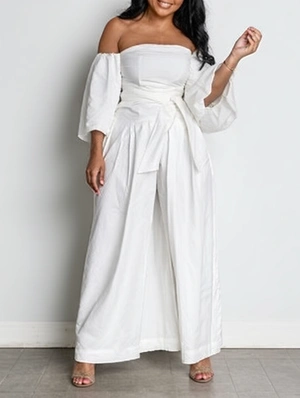 Ruched Off Shoulder Waist Tie Jumpsuits