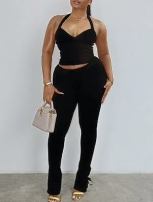 V Neck Halter Backless Lace-Up Pant Sets