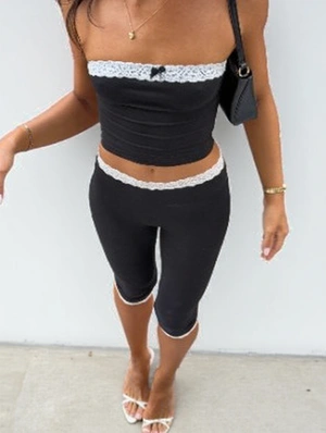 Bow Lace Panel Tube Capri Pants Sets