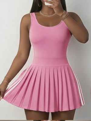 Striped Trim Sleeveless Pleated Mini Dress