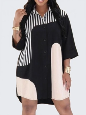 Contrast Striped Loose Shirt Midi Dress