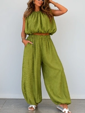 Texture Cropped Loose Ankle-tied Pant Sets