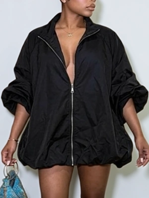 Lantern Sleeve Ruched Loose Zipper Coats